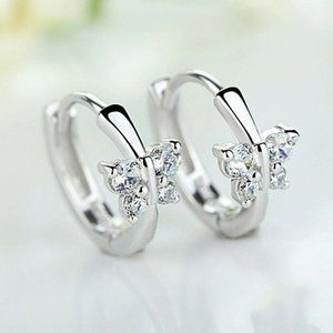 Silver Plated Butterfly Diamond Zircon Hoop Huggie Earrings 13mm Party Gift